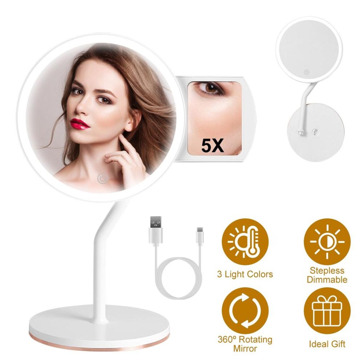 Edge Collections - 7.48" × 13.58" - White - Dimmable 5X Magnifying Lighted Makeup Mirror with Touch Control - 1 Piece